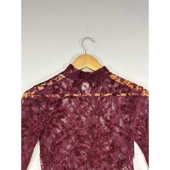 Romantic Goth Forever 21 Small Burgundy Sheer Flocked Floral Lace Mock Neck Top - Picture 4 of 8